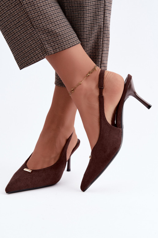 Open heel schoenen met gouden details en dunne hakken in chocoladekleur Renisa
