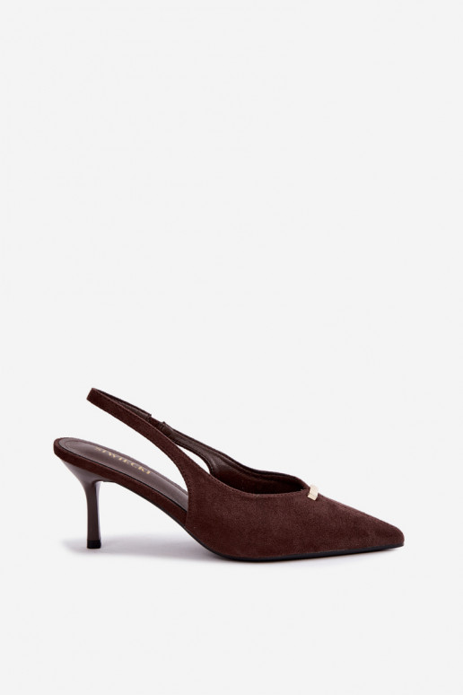 Open heel schoenen met gouden details en dunne hakken in chocoladekleur Renisa