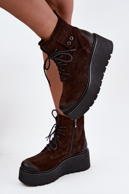 Zazoo 60499 dames enkellaarsjes van faux suede met platform in chocolade kleur