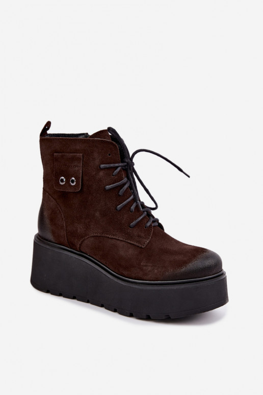 Zazoo 60499 dames enkellaarsjes van faux suede met platform in chocolade kleur