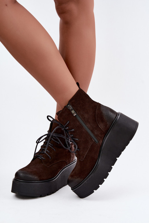 Zazoo 60499 dames enkellaarsjes van faux suede met platform in chocolade kleur
