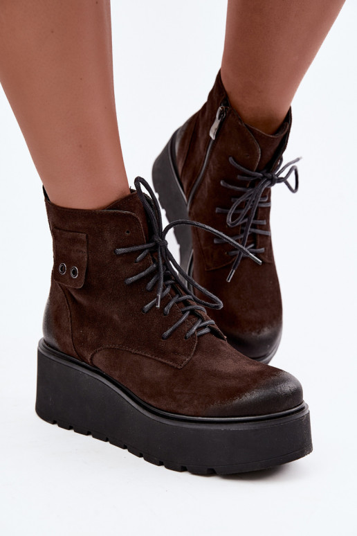 Zazoo 60499 dames enkellaarsjes van faux suede met platform in chocolade kleur