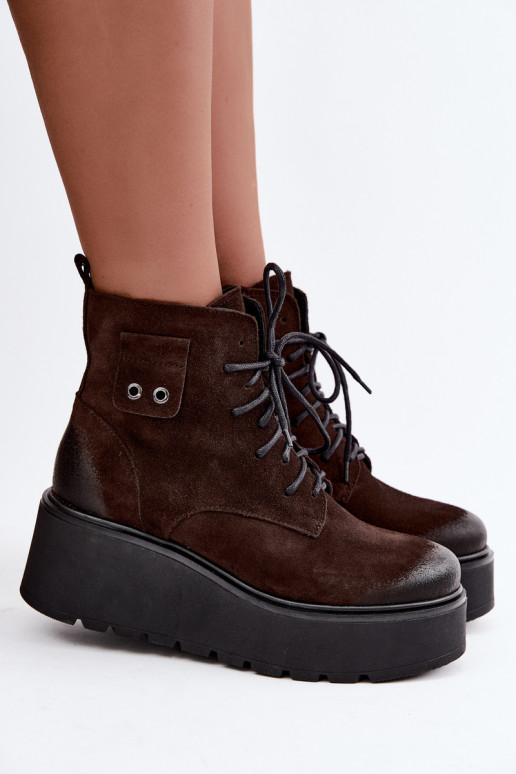 Zazoo 60499 dames enkellaarsjes van faux suede met platform in chocolade kleur