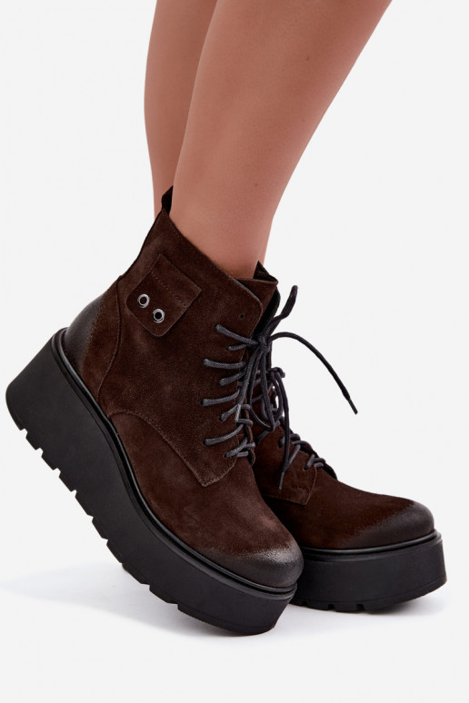 Zazoo 60499 dames enkellaarsjes van faux suede met platform in chocolade kleur