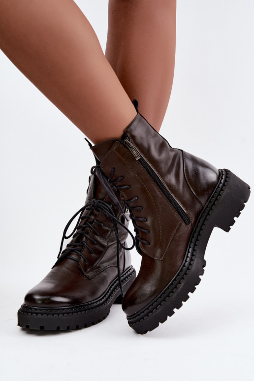 Dames warme enkellaarsjes met decoratieve details Zazoo 60574 in chocolade kleur