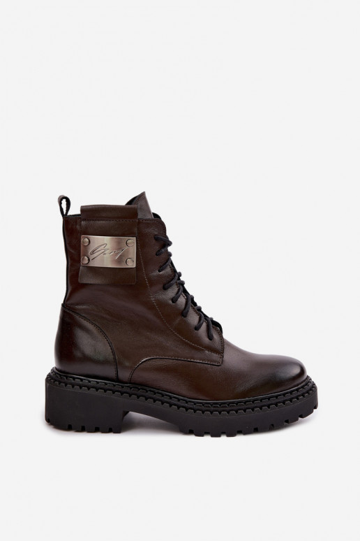 Dames warme enkellaarsjes met decoratieve details Zazoo 60574 in chocolade kleur