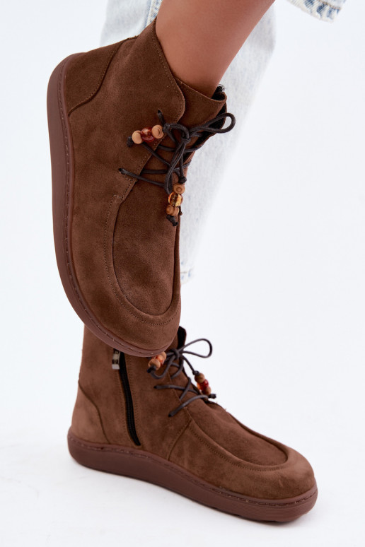 Dames warme Barefoot enkellaarsjes met kralen Zazoo 30078 in bruine kleur