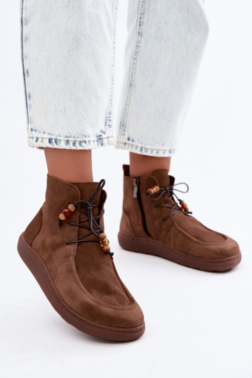 Dames warme Barefoot enkellaarsjes met kralen Zazoo 30078 in bruine kleur