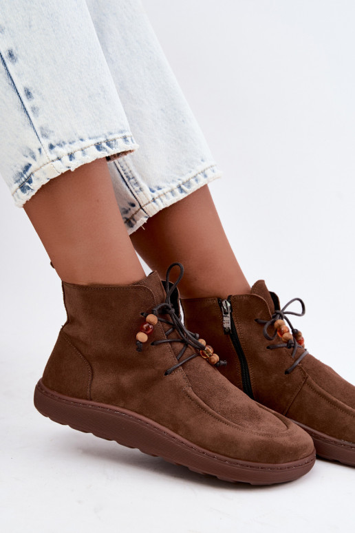 Dames warme Barefoot enkellaarsjes met kralen Zazoo 30078 in bruine kleur