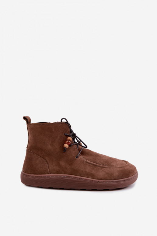 Dames warme Barefoot enkellaarsjes met kralen Zazoo 30078 in bruine kleur