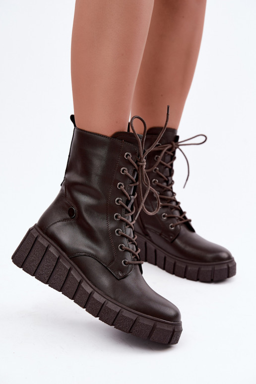 Warme leren enkellaarsjes met platform T.Sokolski AN Z26-160 in chocoladekleur