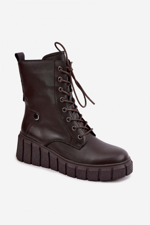 Warme leren enkellaarsjes met platform T.Sokolski AN Z26-160 in chocoladekleur