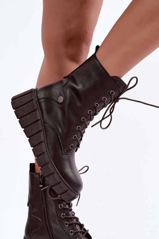 Warme leren enkellaarsjes met platform T.Sokolski AN Z26-160 in chocoladekleur