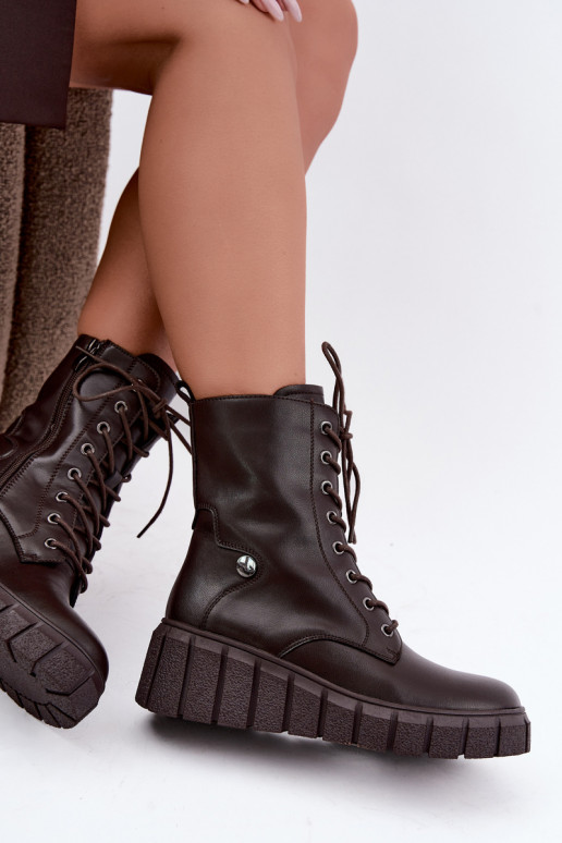 Warme leren enkellaarsjes met platform T.Sokolski AN Z26-160 in chocoladekleur