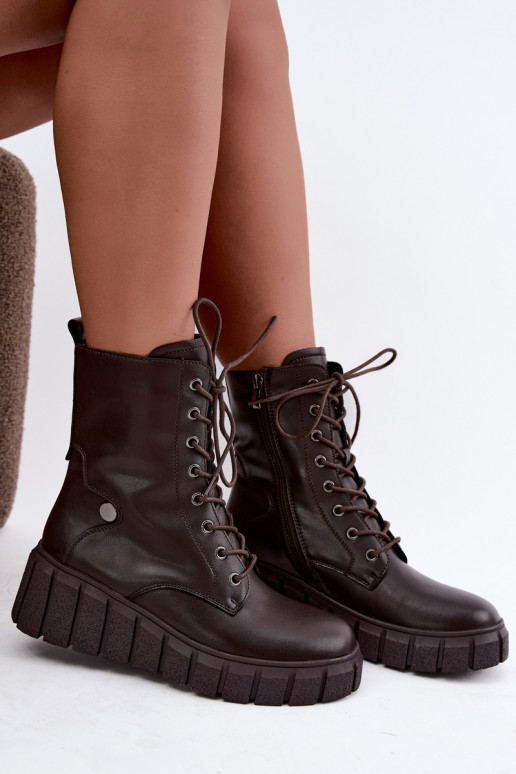 Warme leren enkellaarsjes met platform T.Sokolski AN Z26-160 in chocoladekleur