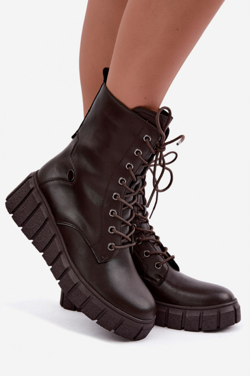 Warme leren enkellaarsjes met platform T.Sokolski AN Z26-160 in chocoladekleur