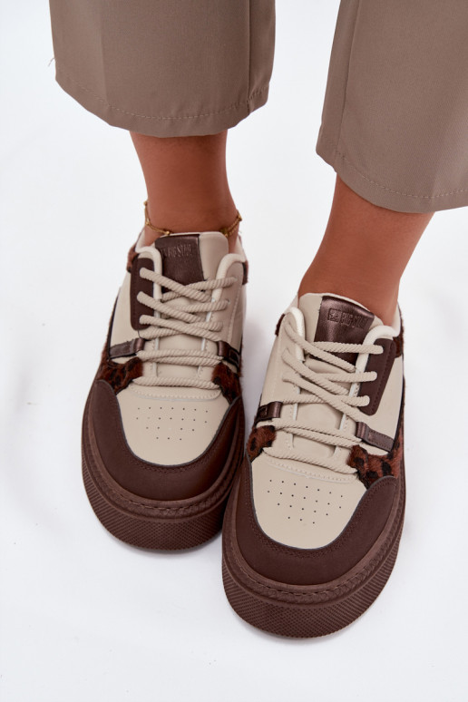 Bruin-beige dames sneakers op een platform met luipaardpatroon Big Star SS274356