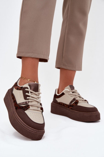 Bruin-beige dames sneakers op een platform met luipaardpatroon Big Star SS274356 2