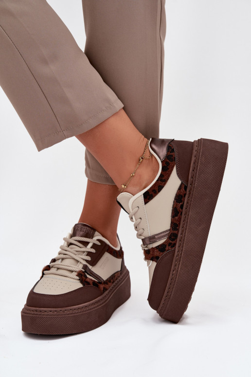 Bruin-beige dames sneakers op een platform met luipaardpatroon Big Star SS274356