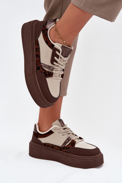 Bruin-beige dames sneakers op een platform met luipaardpatroon Big Star SS274356
