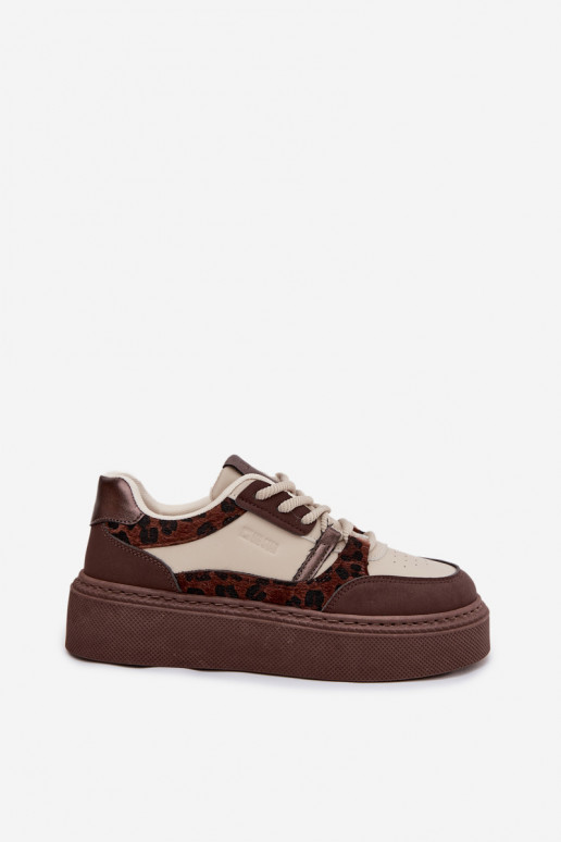 Bruin-beige dames sneakers op een platform met luipaardpatroon Big Star SS274356