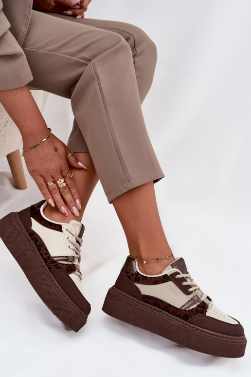 Bruin-beige dames sneakers op een platform met luipaardpatroon Big Star SS274356