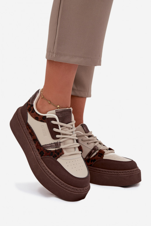 Bruin-beige dames sneakers op een platform met luipaardpatroon Big Star SS274356