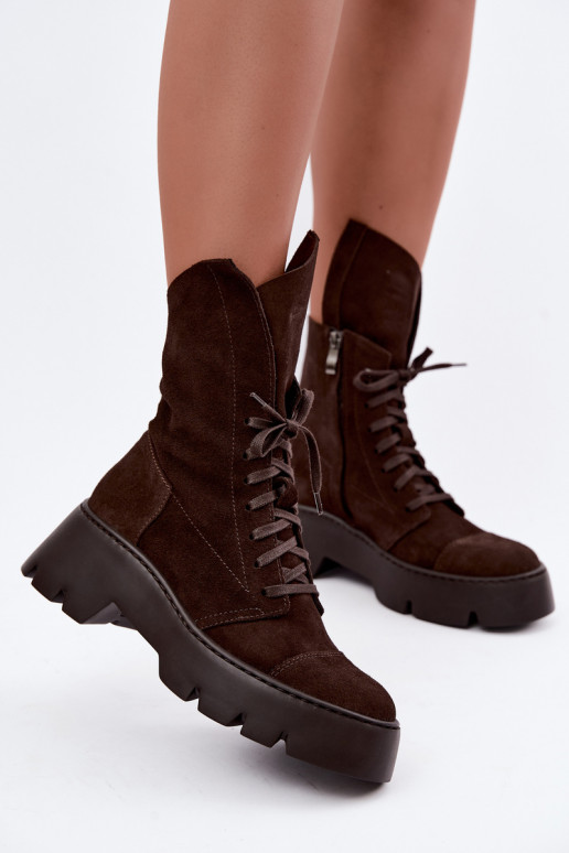 Donkerbruine dames werk enkellaarsjes van faux suede Zazoo 976