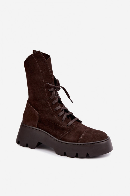 Donkerbruine dames werk enkellaarsjes van faux suede Zazoo 976