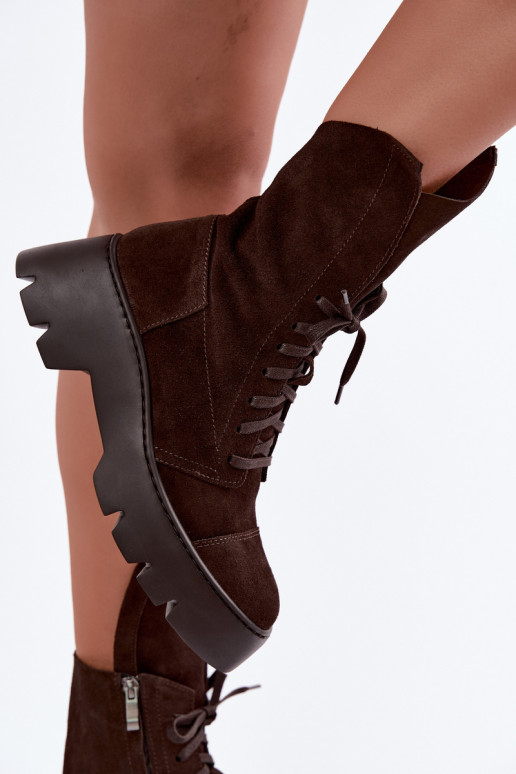Donkerbruine dames werk enkellaarsjes van faux suede Zazoo 976