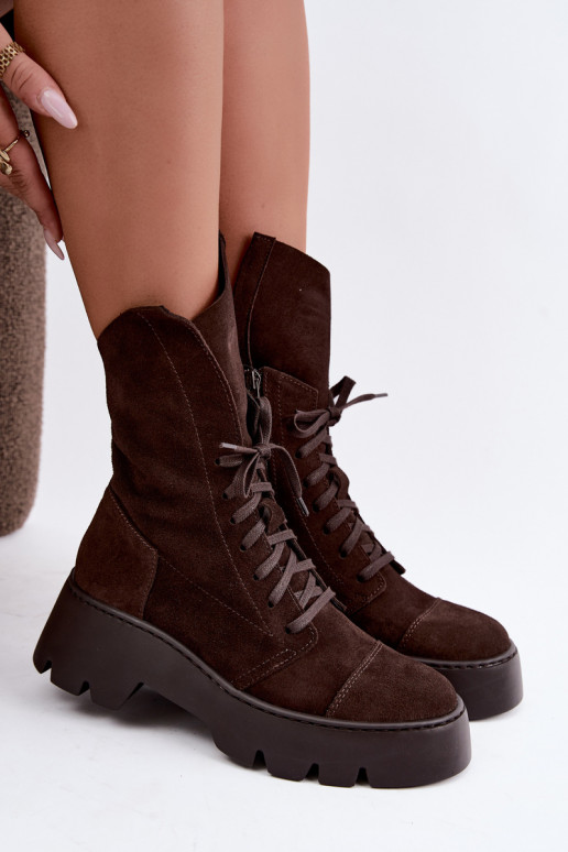Donkerbruine dames werk enkellaarsjes van faux suede Zazoo 976