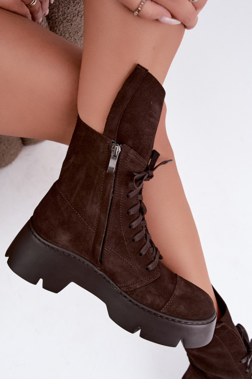 Donkerbruine dames werk enkellaarsjes van faux suede Zazoo 976