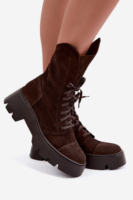 Donkerbruine dames werk enkellaarsjes van faux suede Zazoo 976