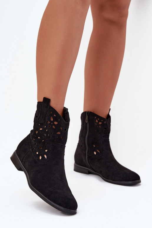 Dames enkellaarsjes met uitsnijdingen en brede hakken in zwart faux suede Athera