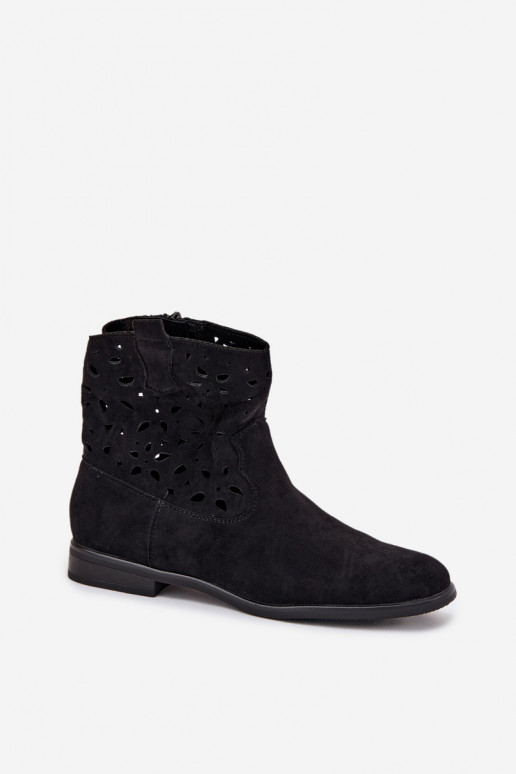 Dames enkellaarsjes met uitsnijdingen en brede hakken in zwart faux suede Athera