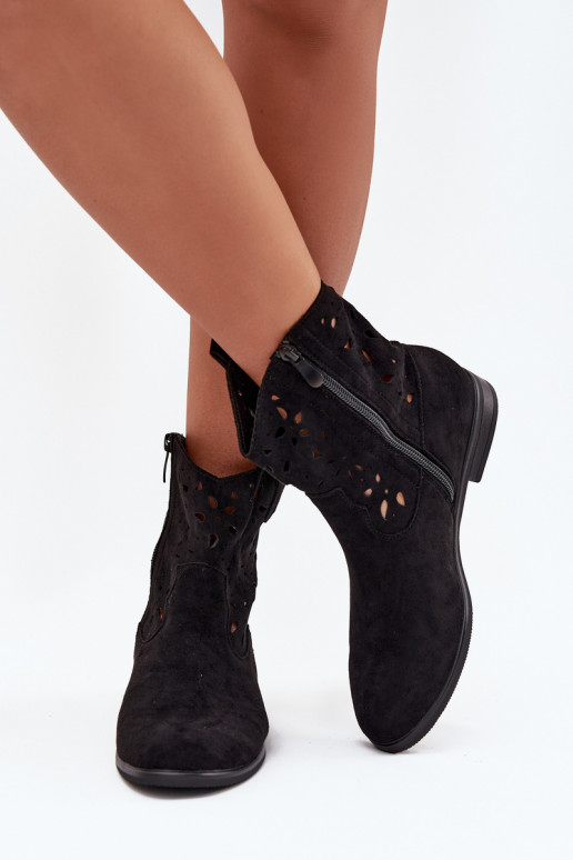 Dames enkellaarsjes met uitsnijdingen en brede hakken in zwart faux suede Athera