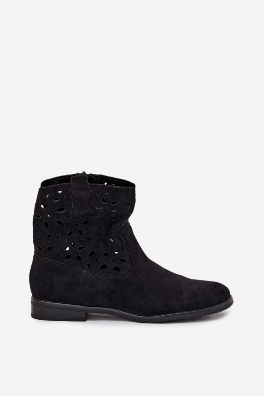 Dames enkellaarsjes met uitsnijdingen en brede hakken in zwart faux suede Athera