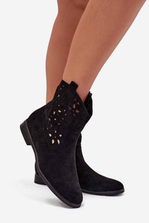 Dames enkellaarsjes met uitsnijdingen en brede hakken in zwart faux suede Athera