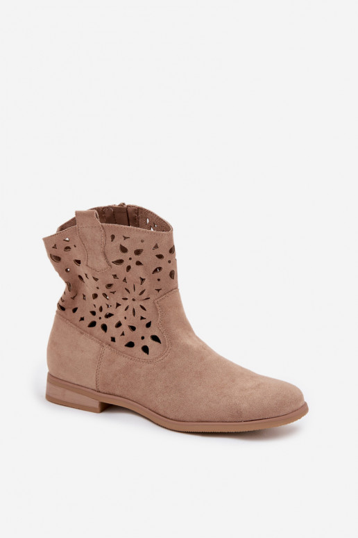 Dames enkellaarsjes met uitsnijdingen en brede hakken in zandkleurig faux suede Athera