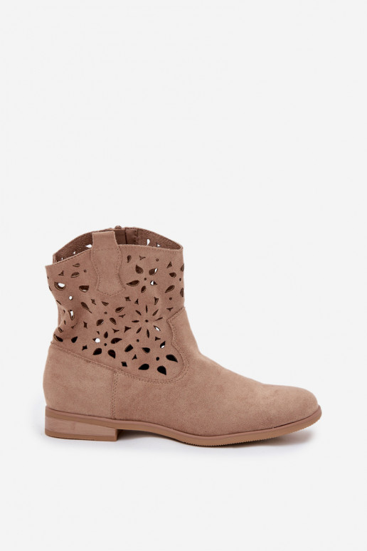 Dames enkellaarsjes met uitsnijdingen en brede hakken in zandkleurig faux suede Athera