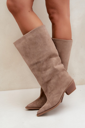 Zandkleurige enkellaarsjes met hakken van faux suede Casella 2