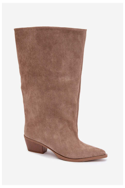 Zandkleurige enkellaarsjes met hakken van faux suede Casella