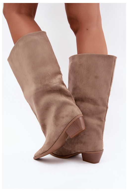 Zandkleurige enkellaarsjes met hakken van faux suede Casella