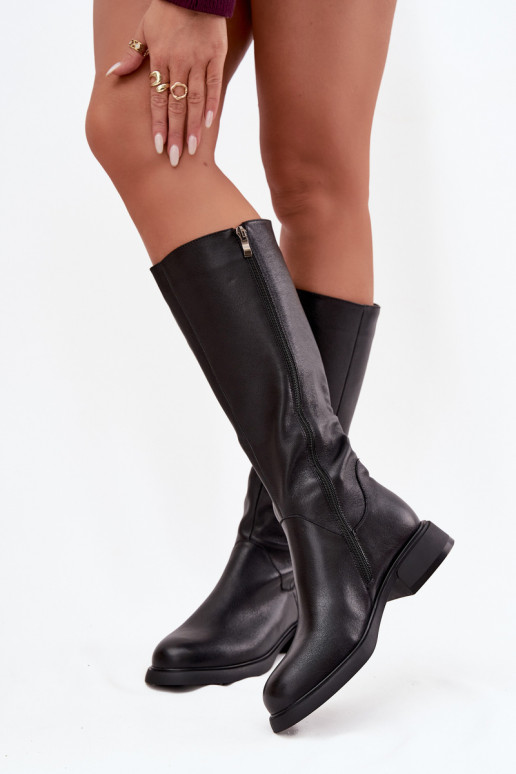 Zwarte laarzen voor dames van faux leer met brede hakken en voering D&A JC62-1036