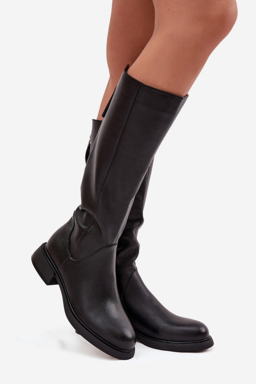 Zwarte laarzen voor dames van faux leer met brede hakken en voering D&A JC62-1036