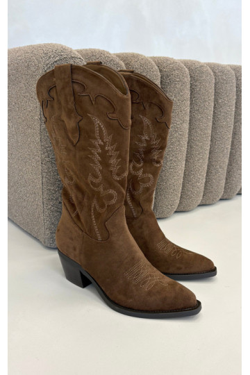 Kniehoge cowboylaarzen met hakken in bruine faux suede Jarissa 2
