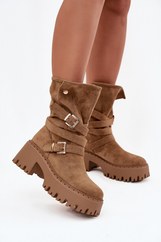 Khaki dames enkellaarsjes op chunky hakken met gespen en riemen Nerelisa