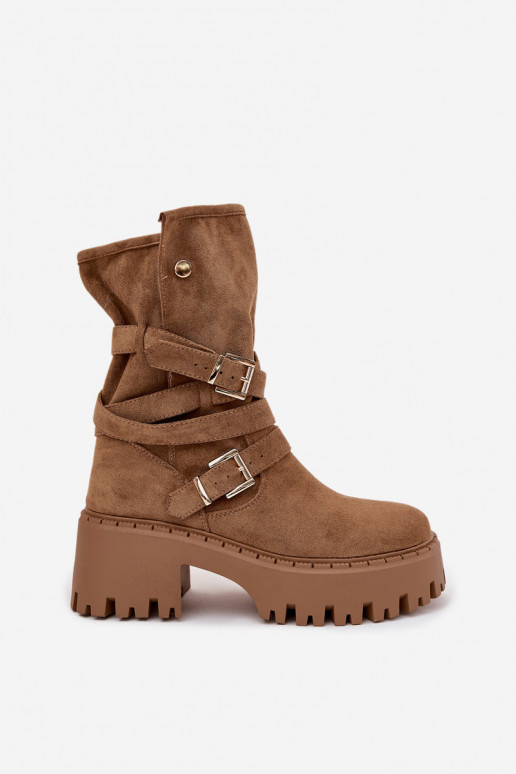 Khaki dames enkellaarsjes op chunky hakken met gespen en riemen Nerelisa