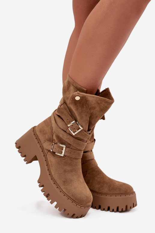 Khaki dames enkellaarsjes op chunky hakken met gespen en riemen Nerelisa