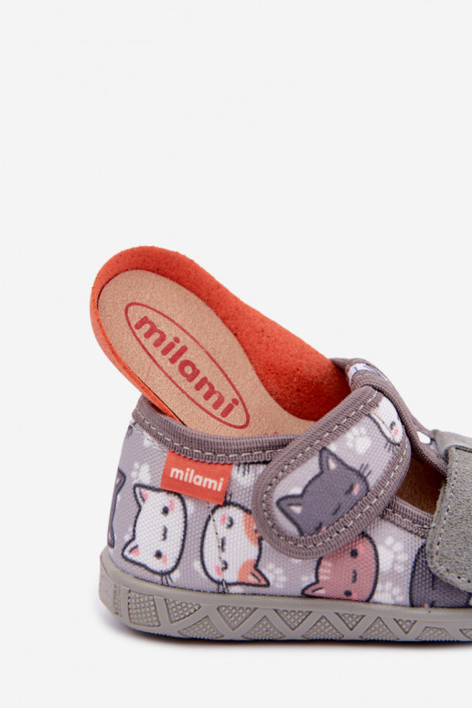 Kinderpantoffels Milami met klittenband en katten in grijs Reathiana